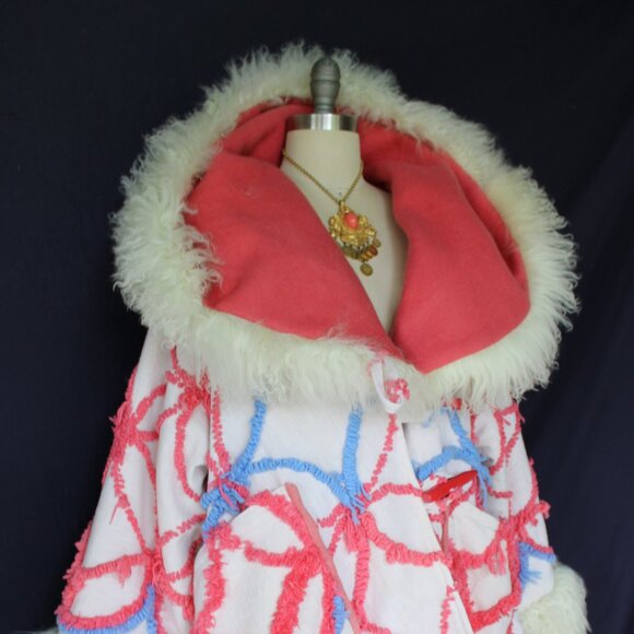 Artisan Vintage Chanille blanket jacket mongolia lamb cloak poncho toggle coat - Picture 6 of 12